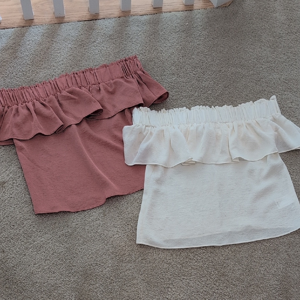 Express Off-Shoulder Ruffle Tops in Mauve and White